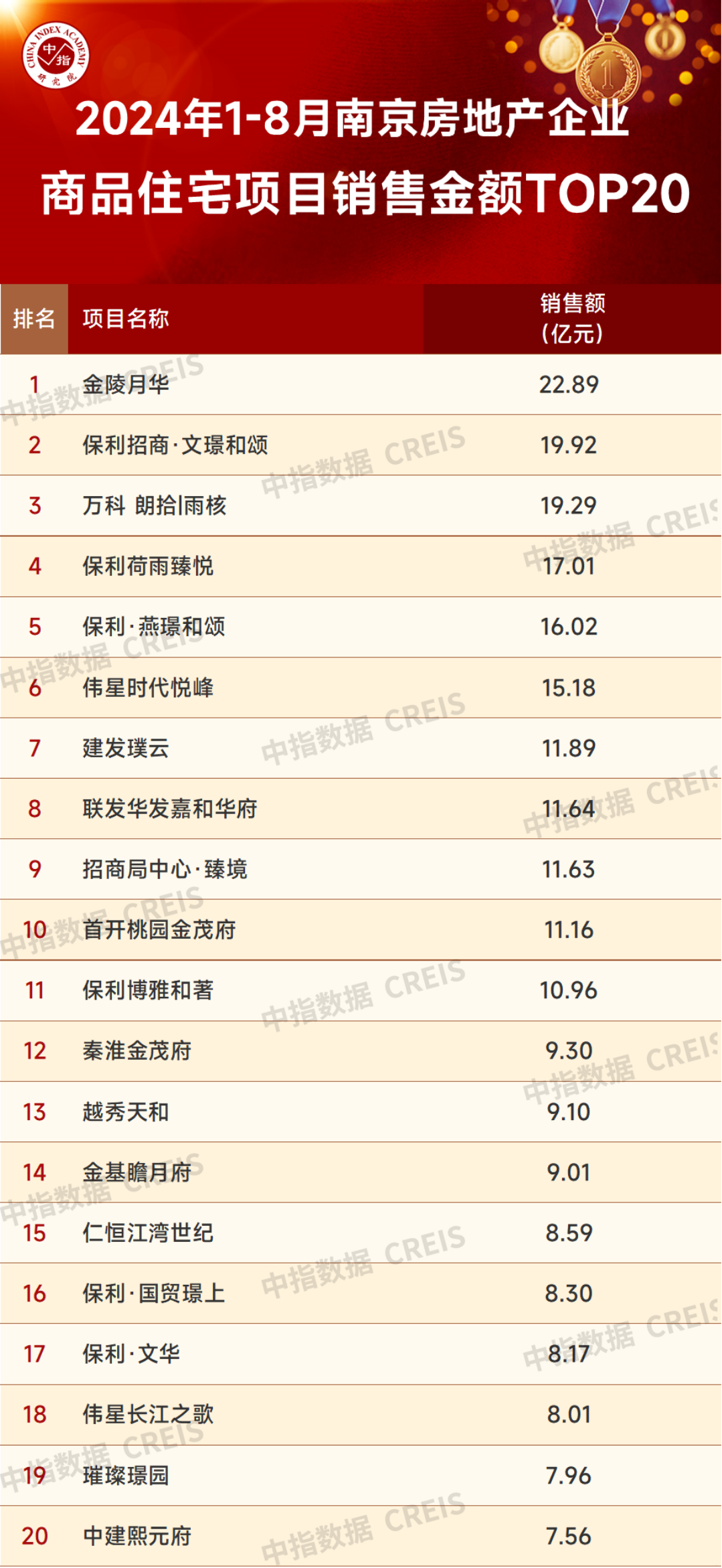 2024年1-8月南京房地产企业销售业绩TOP20