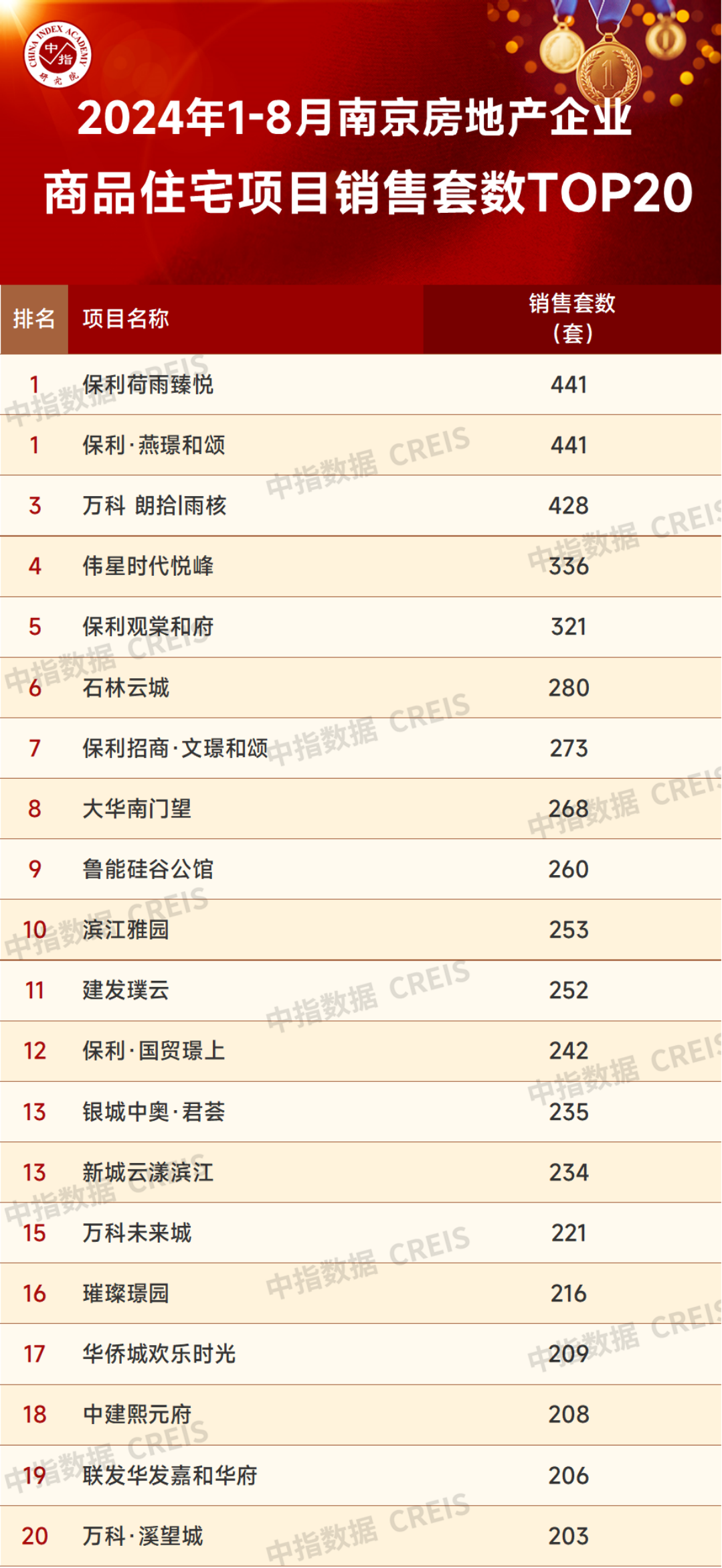 2024年1-8月南京房地产企业销售业绩TOP20