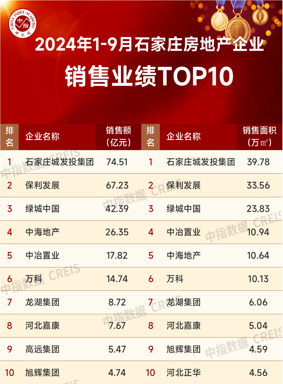 2024年1-9月石家庄房地产企业销售业绩TOP10