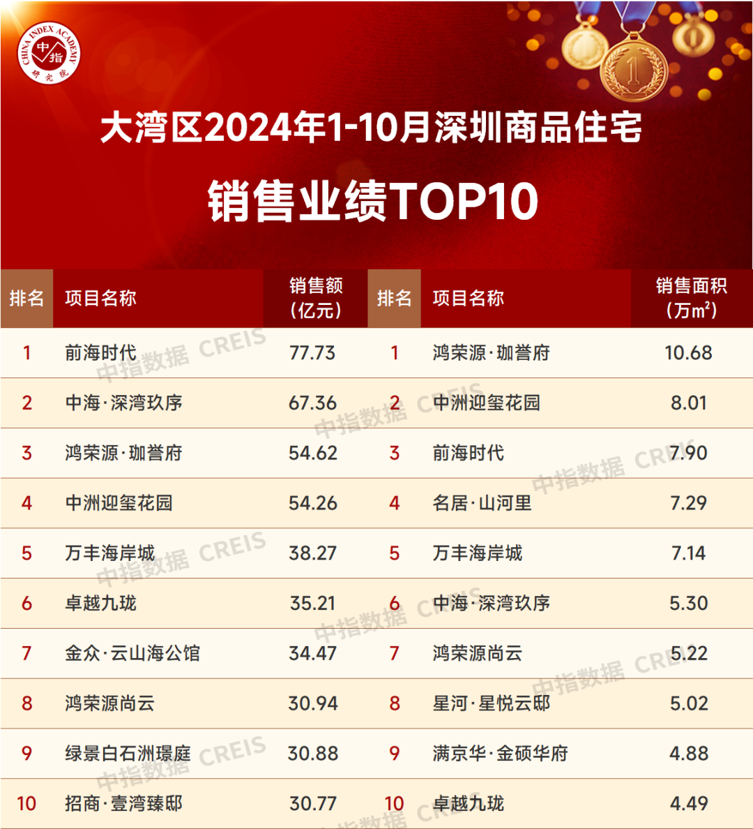 大湾区2024年1-10月深圳房地产企业销售业绩TOP20