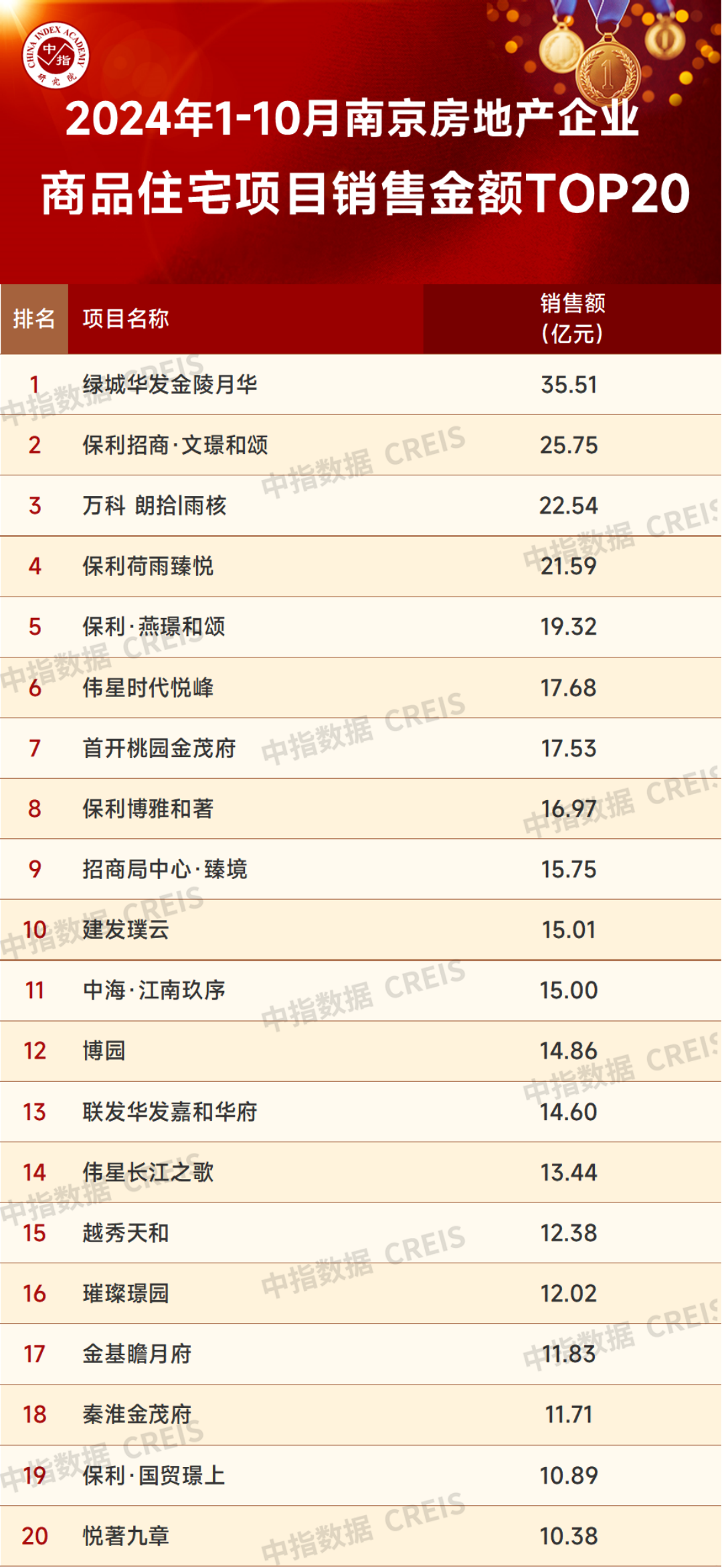2024年1-10月南京房地产销售业绩TOP20