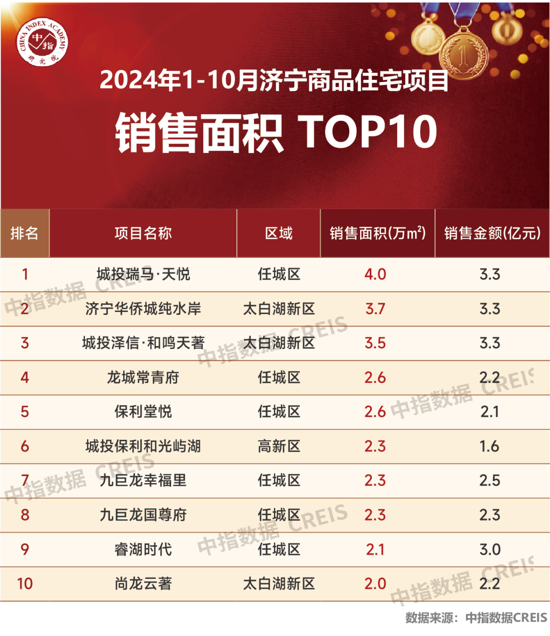 2024年1-10月济宁房地产企业销售业绩TOP10