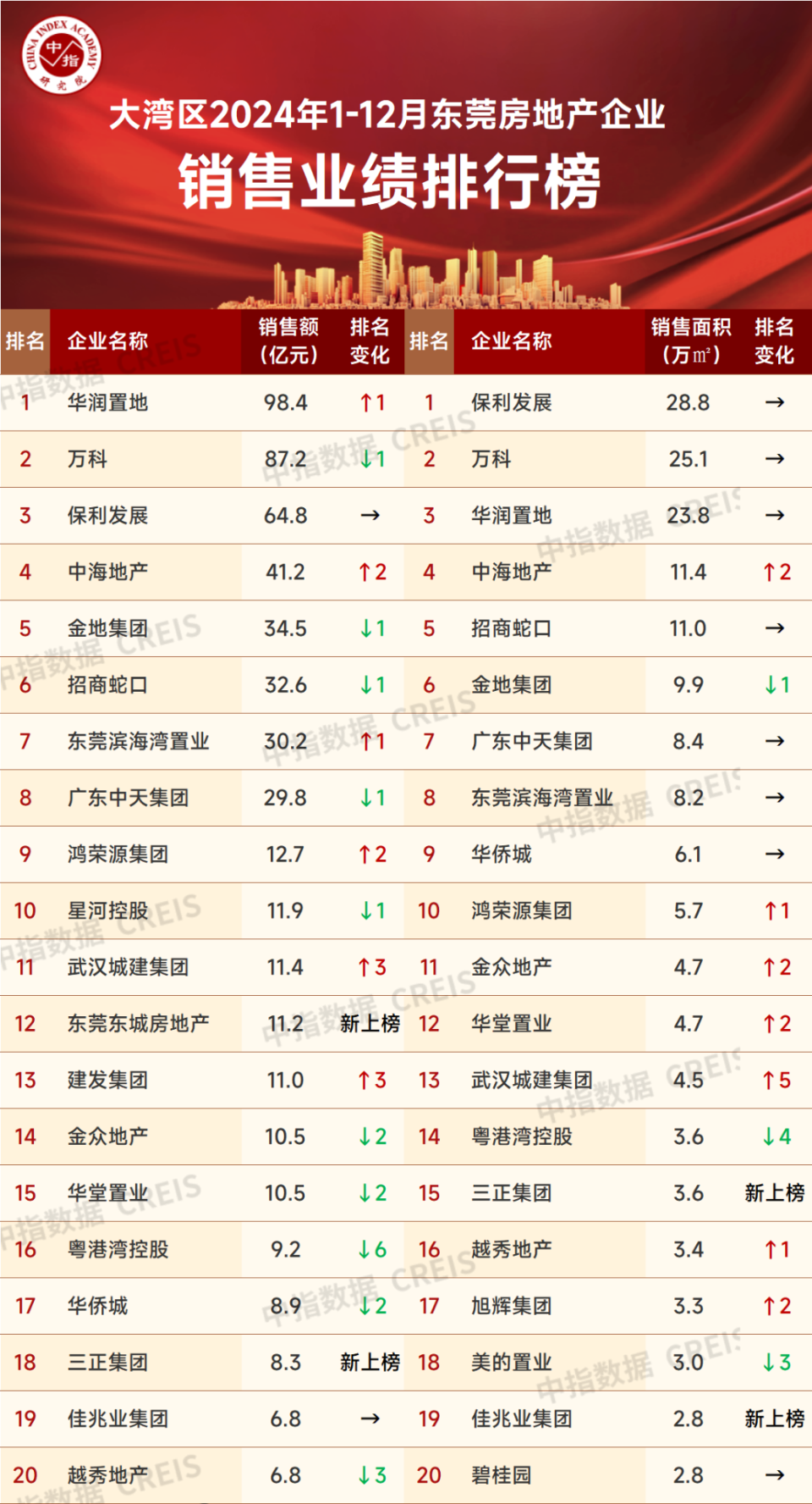 大湾区2024年1-12月东莞房地产企业销售业绩排行榜