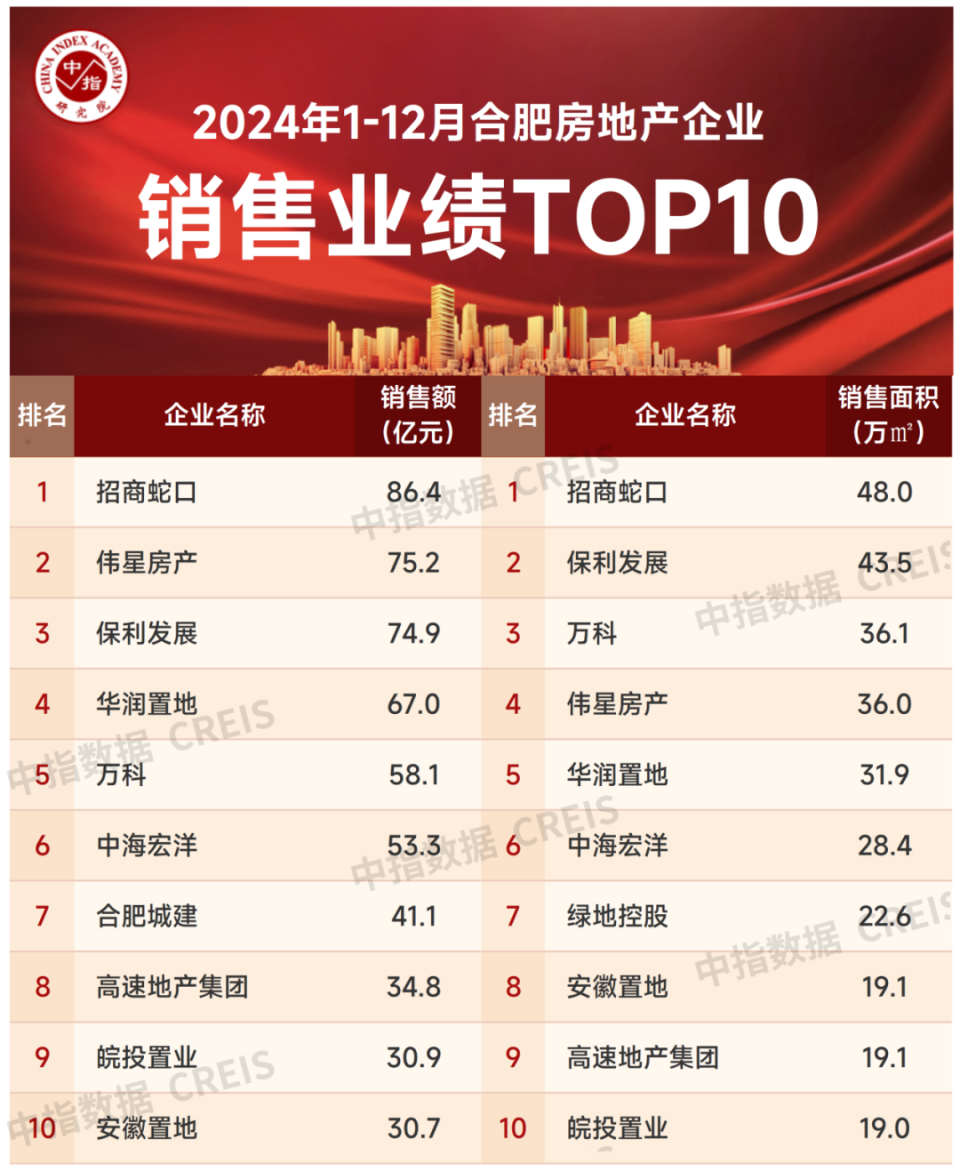 2024年合肥市房地产企业销售业绩排行榜