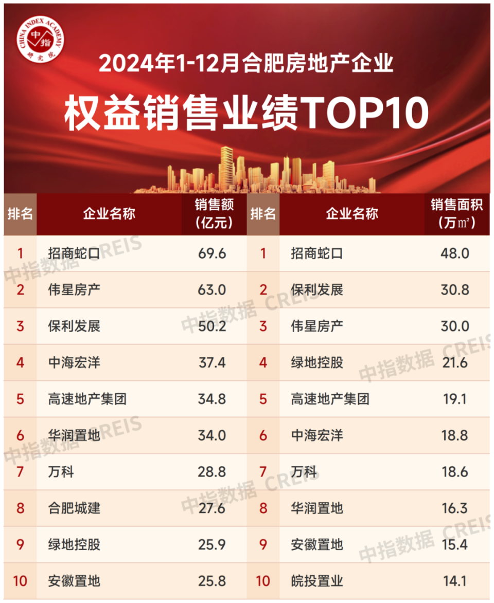 2024年合肥市房地产企业销售业绩排行榜