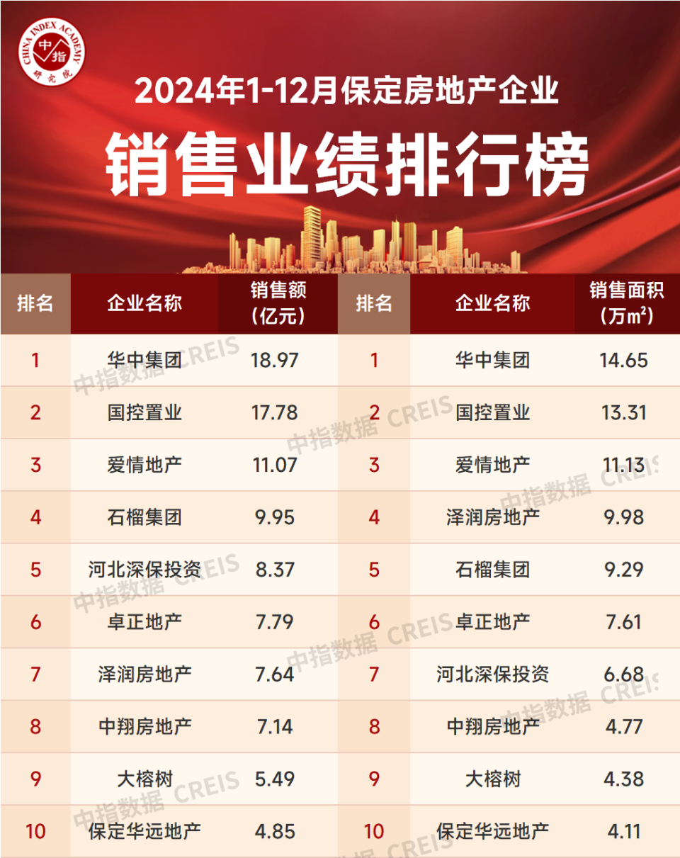 2024年1-12月保定房地产企业销售业绩TOP10