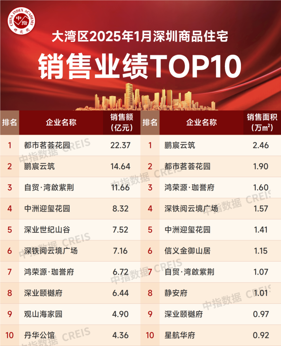 大湾区2025年1月深圳房地产企业销售业绩TOP20