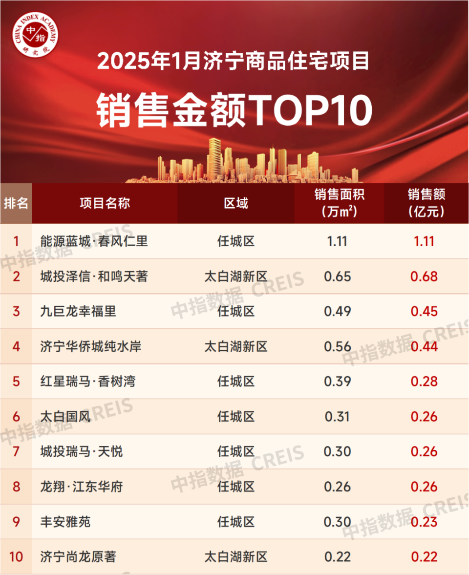 2025年1月济宁商品住宅项目销售金额TOP10