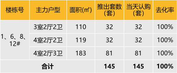 本次推出户型面积及开盘当天认购去化情况