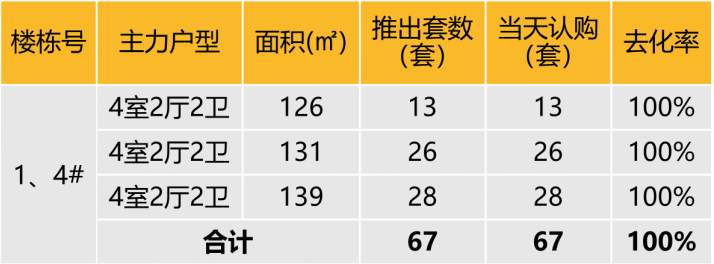 本次推出户型面积及开盘当天认购去化情况