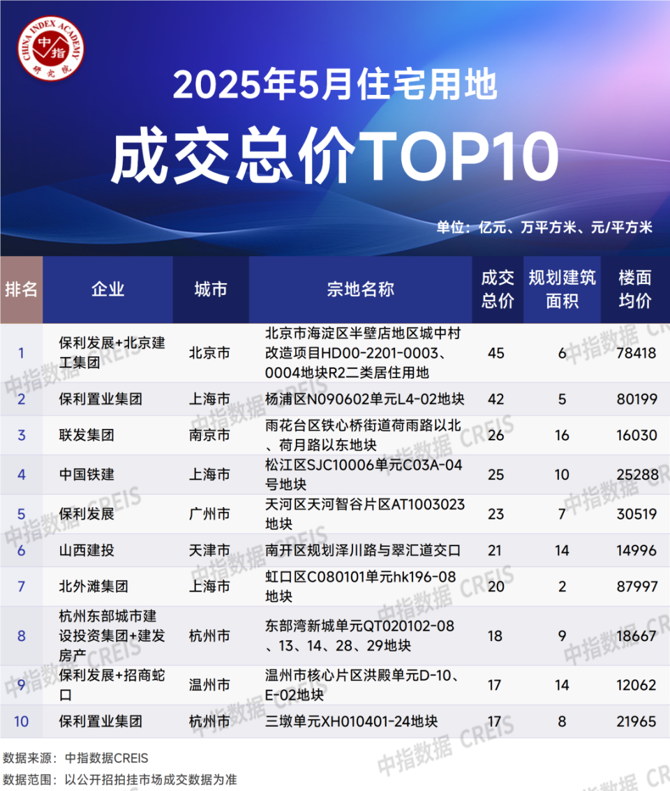 2025年1-5月全国房地产企业拿地TOP100排行榜
